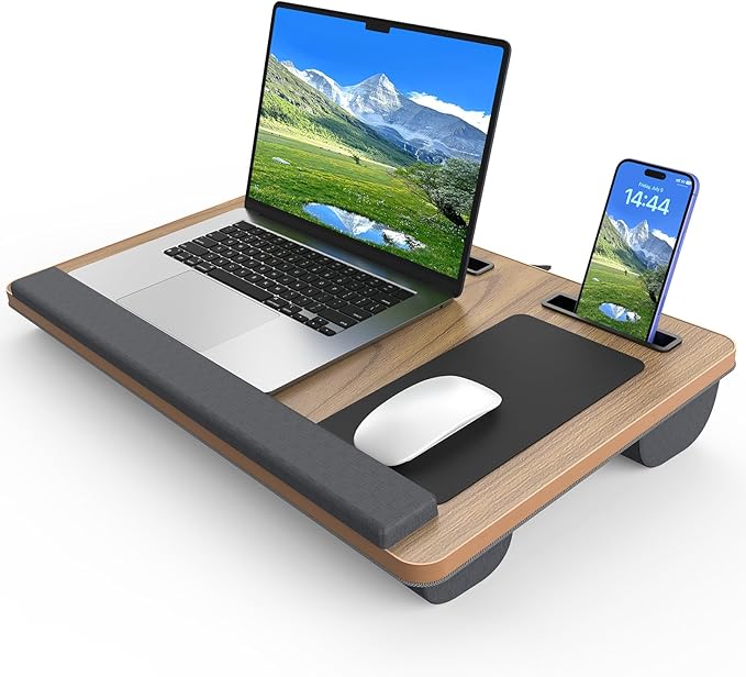 Laptop Lap Desk, Portable Large Laptop Desk for Bed, Up to 17 in Lap Table with Wrist Rest, Mouse Pad, Tablet Phone Slot, Portable Handle, Cushion (Dark Brown Woodgrain)-DeskLoop Office