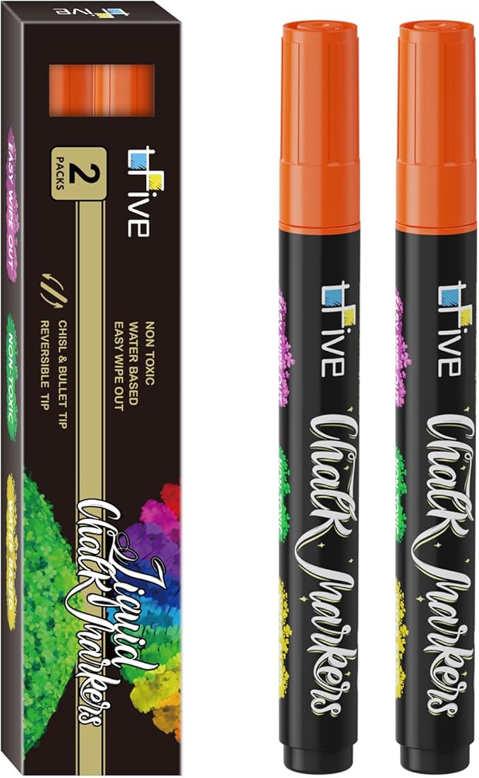 TFIVE Orange Liquid Chalk Markers - 2 Pack Bright Colors Erasable Chalk Marker Pens, Reversible Tip, Non-Toxic, for Chalkboards, Signs, Glass, Easy to use Chalk markers TF800-DeskLoop Office