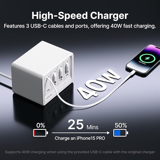 12-in-1 Desktop Charging Station with 3 Retractable Type-C Chargers and 1 Lightning Charger, 40W USB-C Power Strip with 31.5in Cable, Extension Cord with 1020J Surge Protection for Home Office-DeskLoop Office