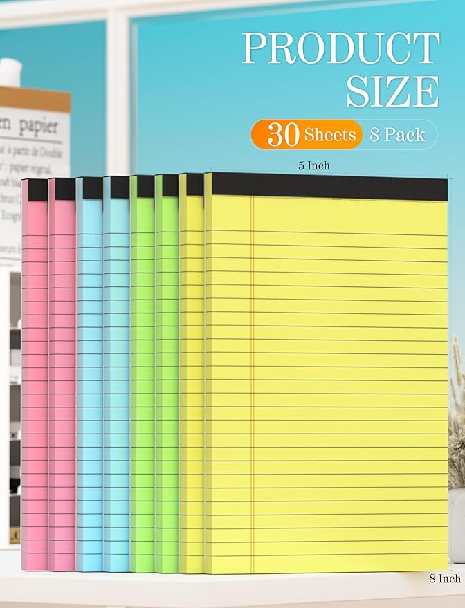 Note Pads 5x8 Colored Legal Pads, 8 Pack Mini Legal Pads 5x8 College Ruled, Pink Notebook Paper Lined Note Paper, Colored Notepads 5 x 8 Pastel Notepad, Small Writing Pads Paper 5x7, 30 Sheets Each-DeskLoop Office