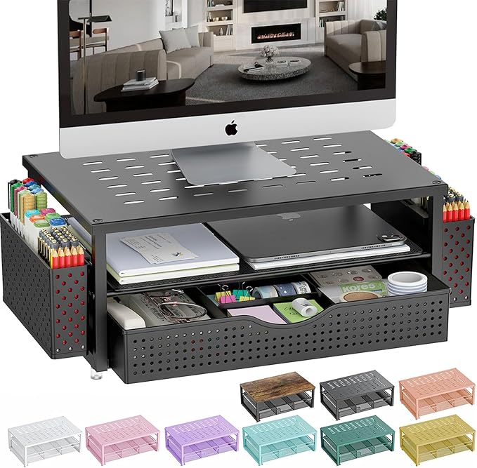 gianotter Desk Organizers and Accessories, Monitor Stand with Drawer and 2 Pen Holder, Desktop Organizer Suitable for Offices and Dormitories (Black)-DeskLoop Office