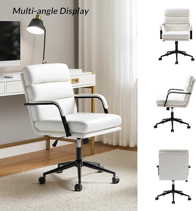 HULALA HOME Modern Faux Leather Home Office Chair with Tilt Lock & Metal Base, Desk Chair with Wheels & Padded Cushion, 360° Swivel Wide Seat Computer Task Chair, White-DeskLoop Office