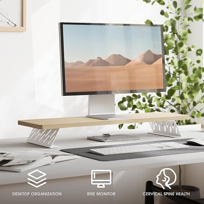 Fenge Monitor Stand Riser, Desk Top Shelf for 2 Monitors, Computer Stands for Desk, Wood & Steel Desktop Riser for Laptop, PC, Printer-DeskLoop Office