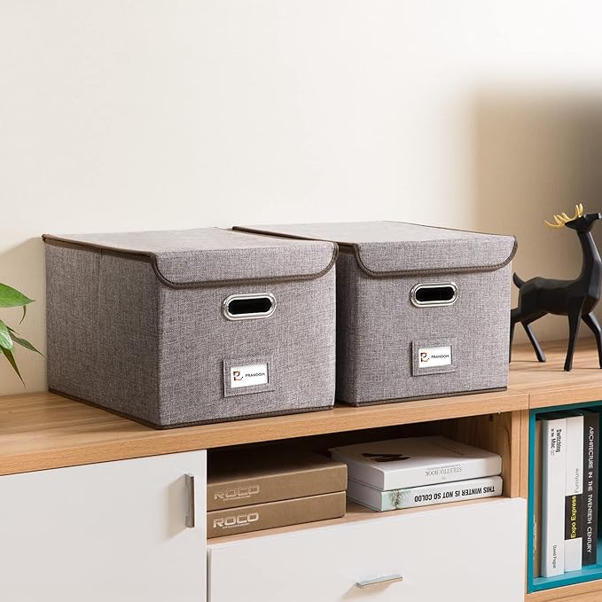 PRANDOM File Organizer Box - Set of 2 Collapsible Decorative Linen Filing Storage Hanging File Folders with Lids Office Cabinet Letter Size (15x12.2x10.75 inch)-DeskLoop Office