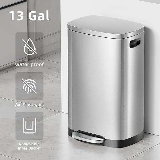 KUK 13 Gallon/50L Stainless Steel Kitchen Trash Can with Lid and Step Pedal-Large Capacity Garbage Bin with Odor Seal, Silent Close Lid, Removable Inner Bucket for Home, Kitchen, Bedroom, Silver-DeskLoop Office