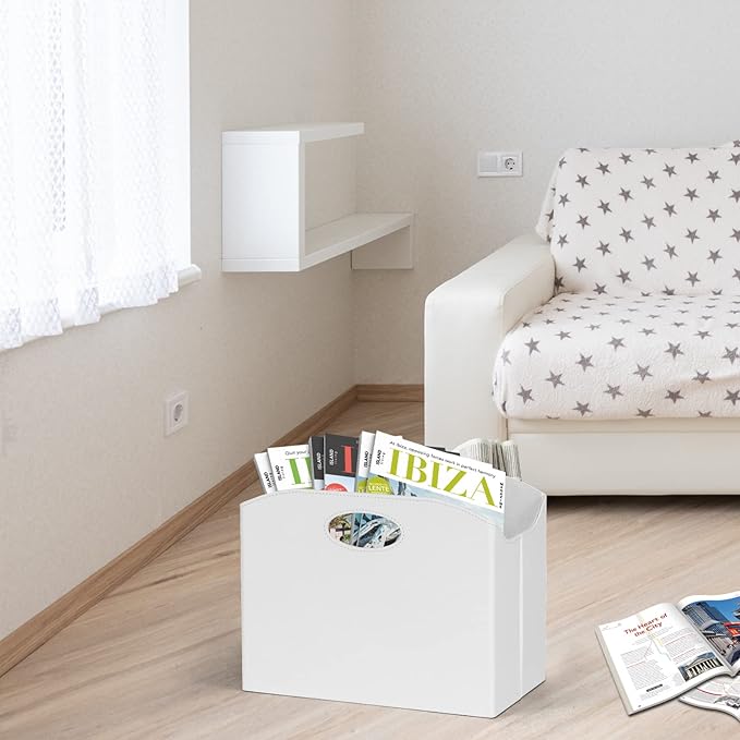 EZDeco Magazine Holder Foldable Magazine Rack Floor PU Leather File Holder Newspaper Book Storage Basket Document File Folder Organizer for Office Home (White-1)-DeskLoop Office