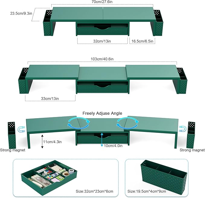 Spacrea Metal Desk Organizers and Accessories, Dual Monitor Stand Riser with Drawer and 2 Pen Holders, Desk Accessories & Workspace Desktop Organizers for Office Supplies (Dark Gree)-DeskLoop Office
