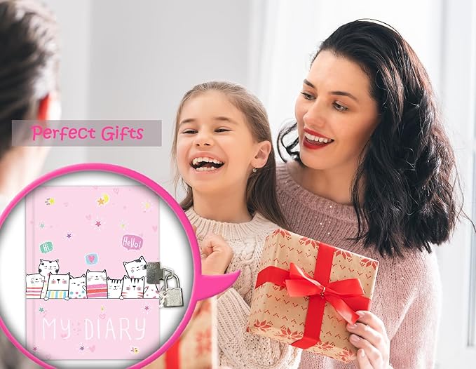 Cat Diary with Lock for Girls, 7x5.25 Inches 160 Lined Pages Secret Kids Diary Cute Cats Journal with Lock and Keys Notebook for Girls Birhtday Gifts for 5-10 Years Old-DeskLoop Office