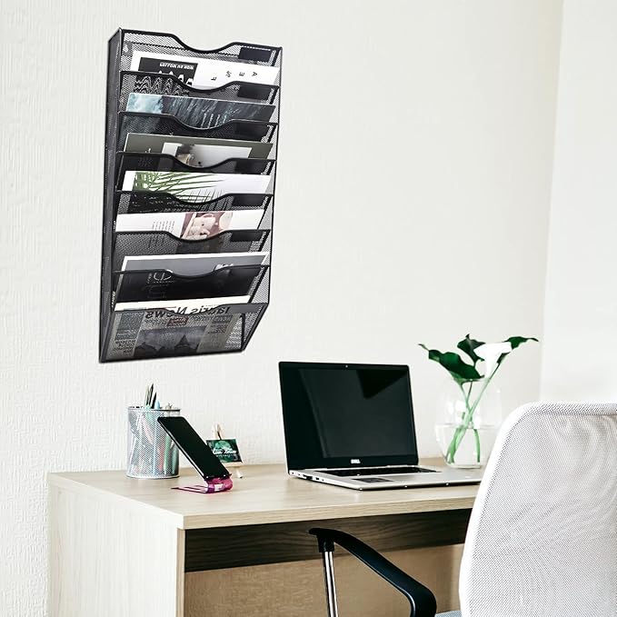 EASEPRES 8 Pocket Mesh Hanging Wall File Organizer, Wall Mounted Mail Paper Document Folder Holder, Clipboard Storage Organization Magazine Rack with Nametag Label for Office Home School, Black-DeskLoop Office