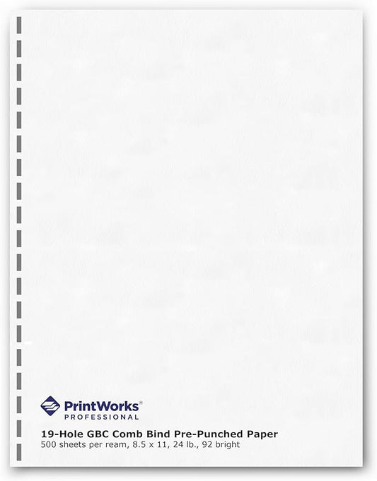 PrintWorks Professional GBC 19 Hole Comb Binding Pre-Punched Paper - Book Binding Printer Paper - Made in the USA - 500 Sheets - 8.5" x 11" - 24 lb - 92 Bright White (04329)-DeskLoop Office