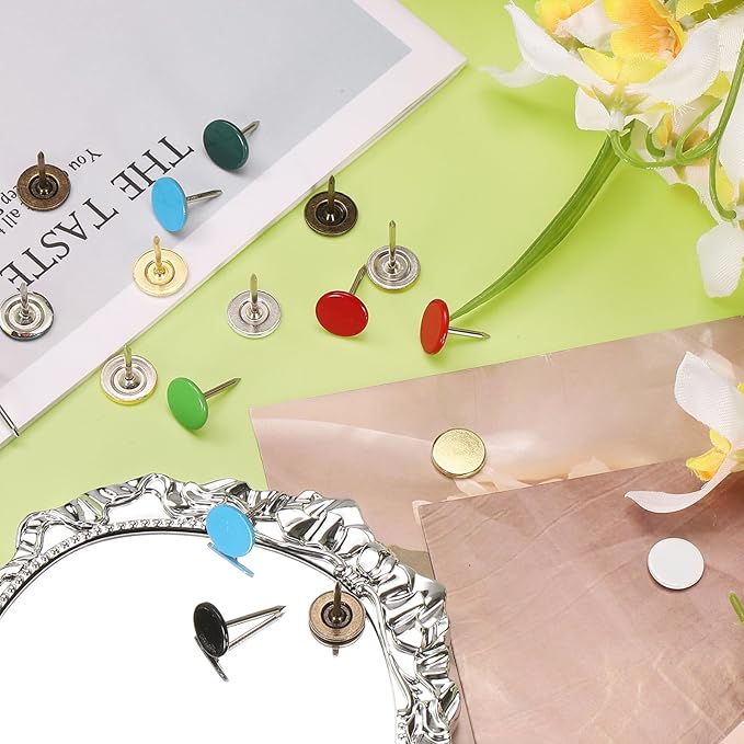 uxcell 100Pcs Upholstery Tacks, 11mmx13mm Flat Head Thumb Tack Decorative Furniture Nails Push Pins for Furniture Sofa Headboards, Gold-DeskLoop Office