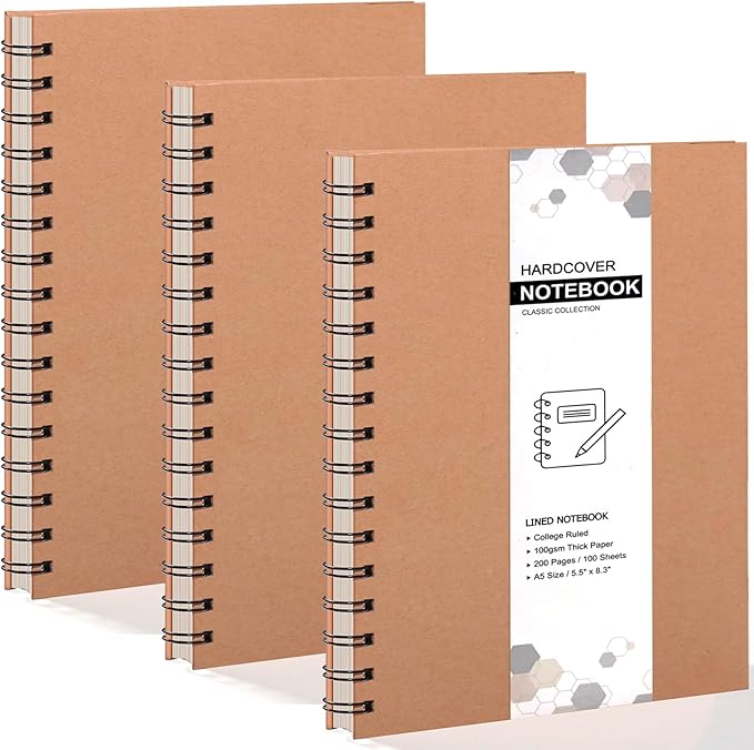 3 Pack Spiral Notebooks 5.83"x8.27", 200 Pages/100 Sheets A5 Spiral Notebook Journal, with Kraft Hard Cover, Ruled Lined Paper, for Work, School, College Students, Gifts-DeskLoop Office