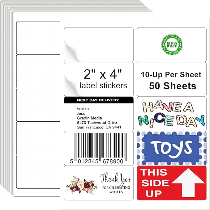 2x4 Shipping Address Labels, 500 Matte Printable Sticker Labels for Mailing Labels, Fragile Stickers, Product Sticker Making, 8.5 x 11 Label Paper for Lase Inkjet Printer, 10 Up Per Sheet, 50 Sheets-DeskLoop Office
