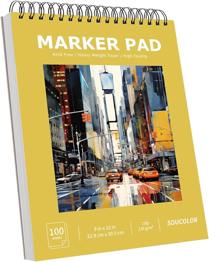 Soucolor 100 Sheets Marker Paper Pad, 9"x12" Bleedproof Art Sketch Pad, 73lb/120gsm Drawing Paper Spiral Sketch Book, Alcohol Marker Paper Painting Coloring Paper for Beginners, Artists, Kids-DeskLoop Office