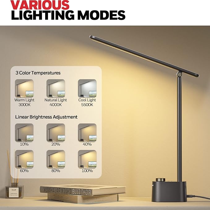Honeywell Sunturaluxโข LED Desk Lamp with USB Charging Ports HWT-H01 - Stepless Dimmable Eye Caring Desk Light for Home Office Bedroom Bedside College Dorm, Foldable Table Lamp Reading Lamp Black