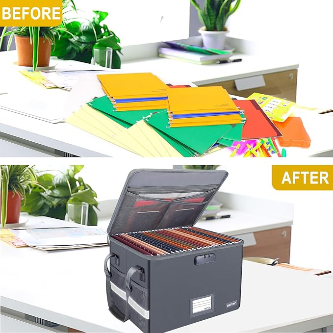 ENGPOW File Box with Lock, Fireproof Document Box with Zipper Lid, Collapsible File Organizer Storage Filing Cabinet with Handle, Portable Home Office Safe for Hanging Letter/Legal Folders, Grey-DeskLoop Office