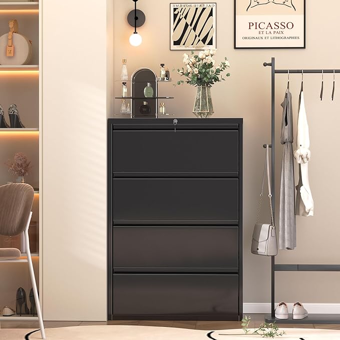 Superday Lateral File Cabinet 4 Drawer Metal File Cabinet with Lock, Black Filing Cabinets for Home Office, Locking Filing Cabinets Hanging Files Letter/Legal/F4/A4-DeskLoop Office