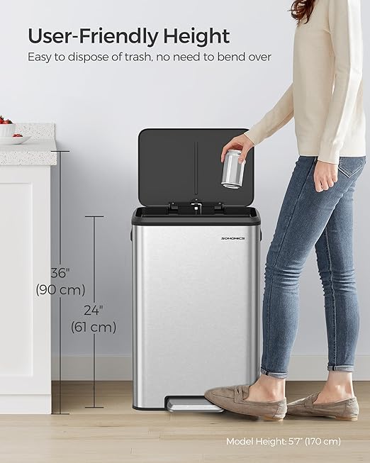 SONGMICS Kitchen Trash Can, 10.5-Gallon (40L) Garbage Can with Lid and Wide Foot Pedal, Soft Close and Stays Open, Silver ULTB541E40-DeskLoop Office
