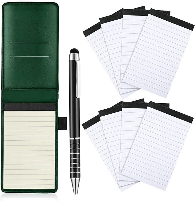 Outus 10 Pcs Pocket Notebook with Pen Set Included Mini Pocket Notepad Holder with 50 Lined Sheets, Metal Pen, 8 Pcs 3 x 5 Inch Memo Book Refills, 30 Lined Paper Per Note Pad (Green)-DeskLoop Office