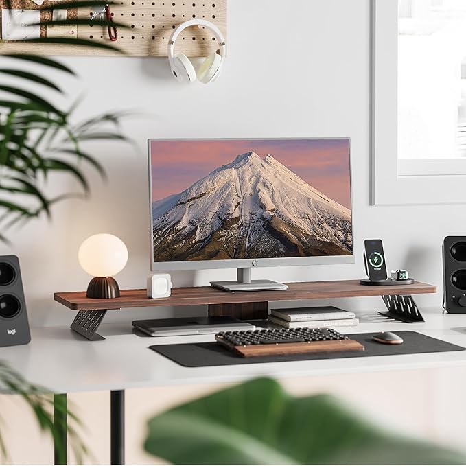 Fenge Dual Monitor Stand Riser, 42.5 Inch Desk Top Shelf for 2 Monitors, Computer Stands for Desk, Wood & Steel Desktop Riser for Laptop, PC, Printer-DeskLoop Office