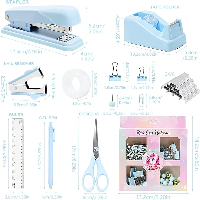 Desk Accessories with Pen Holder, Office Supplies Desk Organizers and Accessories, Tape Dispenser, Stapler, Staple Remover, Staples, Clips Set, Ruler, Scissor, Pen, Tape (Blue)-DeskLoop Office