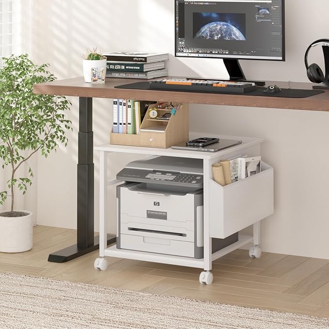 Lerliuo Large Printer Stand with Storage Shelf, 23.6 x 23.6 x 22.8 Industrial Printer Table for Home Office, Rolling Printer Cart Holder with Lockable Wheels, Mobile Mini Fridge Stand Table (White)-DeskLoop Office
