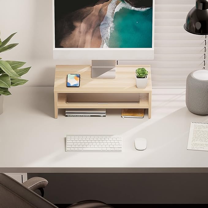 FITUEYES Monitor Stand - 2 Tier Computer Monitor Riser Shelf, Wood Desktop Stand for Laptop Computer Screen, Desk Organization, Office Supplies-DeskLoop Office