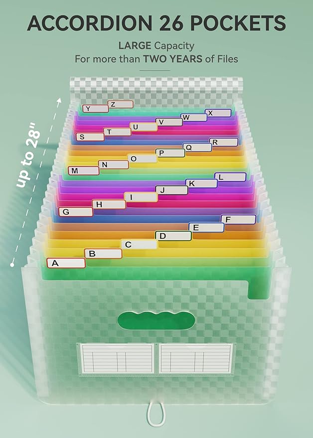 ABC life 26 Pockets Accordian File Folder Organizer Letter Size Expanding File Folder, A4 Portable Document Paper School Organizer, Expandable Multicolor Accordion Filing Folders with Labels(Green)-DeskLoop Office