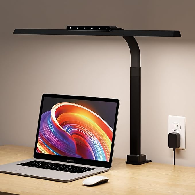 LED Desk Lamps for Home Office, 24W Bright Eye-Caring Light with Clamp, Stepless Dimming Adjustable Flexible Gooseneck Clip on Desk Office Lamp with Adapter for Reading, Study, Workbench,Black-DeskLoop Office
