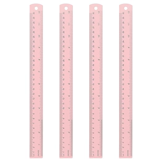 HARFINGTON 4pcs Metal Straight Ruler 30cm Metric SAE Aluminum Alloy Measuring Rulers Scale Tool with Hole for Measure Study Reading Classroom Office, Pink-DeskLoop Office