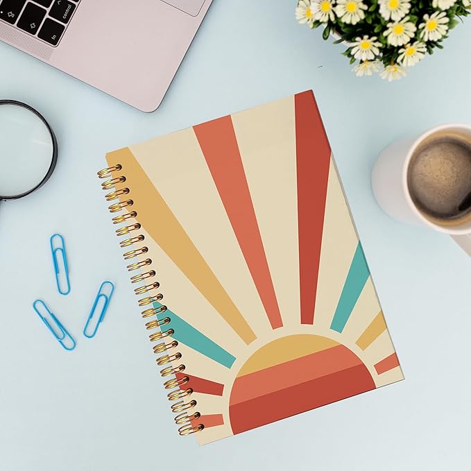 VNWEK Retro Groovy Boho Notebook - Boho Journal, Boho Gifts for Women, Boho Office Supplies, Vintage Boho Sun Sunshine Spiral Notebook 5.5x8.3,Writing Notebooks-DeskLoop Office