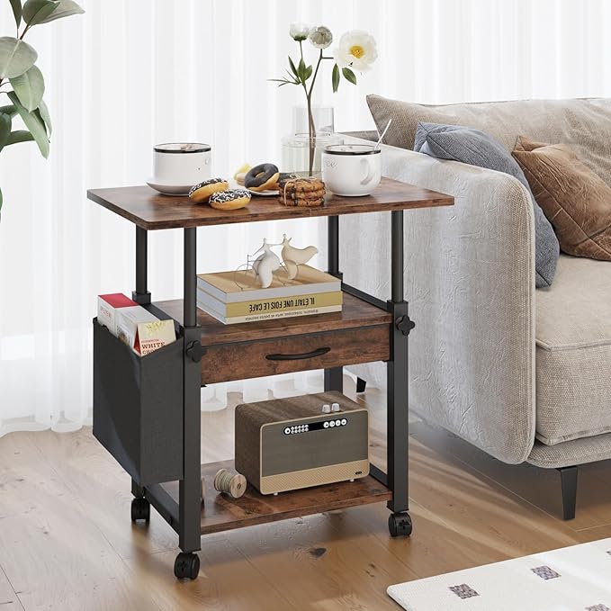 Large Printer Stand with Storage Drawer and Side Bag, 3-Tier Height Adjustable Table for Home Office, Fits Heat Press/Laser/3D Printer (Rustic Brown)-DeskLoop Office