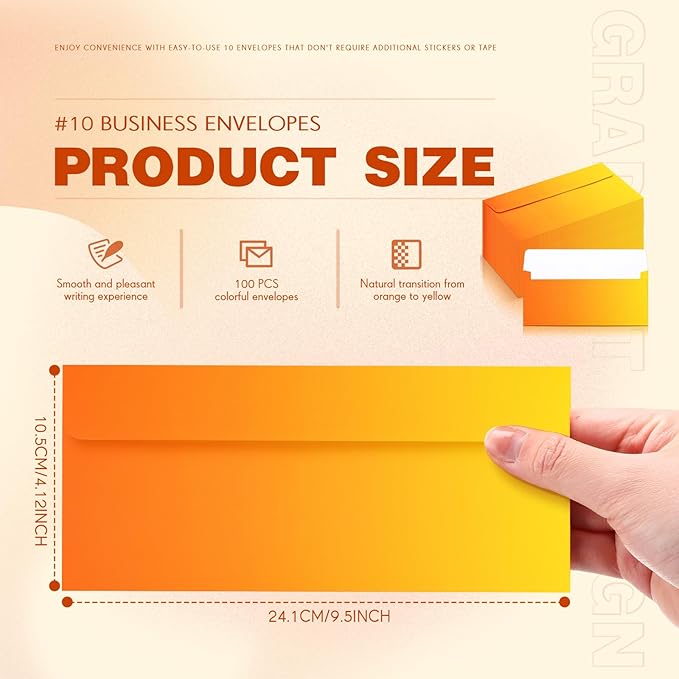 100 Pcs #10 Business Envelopes Colorful Self Adhesive Standard Envelopes Gradient for Office Check Invoices Letters Letterhead Invitations Announcements 4-1/8 x 9-1/2''(Gradient Orange)-DeskLoop Office