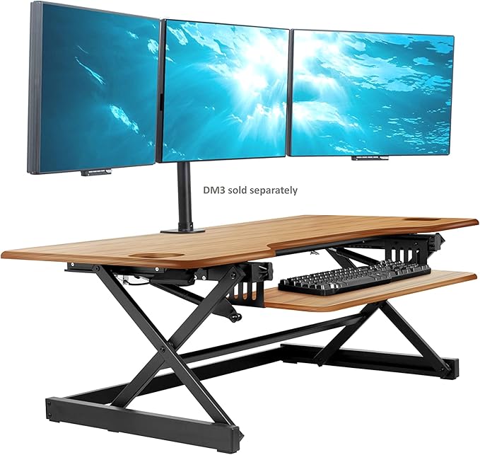 Rocelco 46" Large Height Adjustable Standing Desk Converter - Quick Sit Stand Up Triple Monitor Riser - Gas Spring Computer Workstation - Retractable Keyboard Tray - Teak Wood Grain (R DADRT-46)-DeskLoop Office