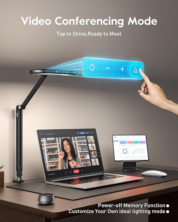 Desk Lamp for Home Office, Eye-Care Dual-Sided Seamless Dimmable LED Desk Light with Knob Remote, Adjustable Arm Clamp Computer Lighting for Video Conference Recording, Zoom Call, Task, Stream-DeskLoop Office