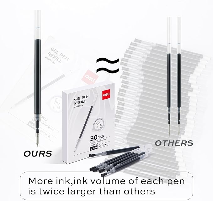 deli Gel Pen Refills, 30 Pcs Retractable Pen Refills Black Ink, Medium Point 0.7mm, Smooth Writing, Fast Dry, No Bleed for Journaling Note Taking, Home School Office Supplies-DeskLoop Office