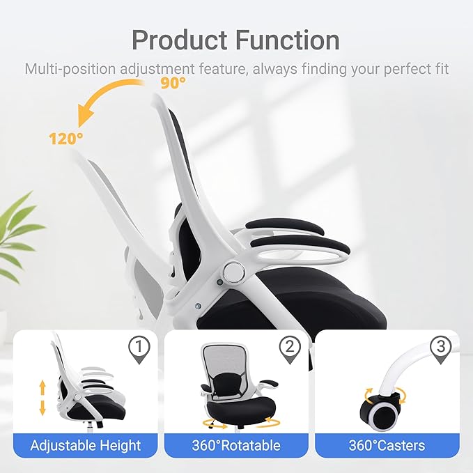 HYLONE 400lbs Heavy Duty Office Chair, 5" Thickened Seat Ergonomic Desk Chair with Adjustable Armrests, Home Office Computer Chairs for Long Hours Mesh Executive Chair(White Base&Black)-DeskLoop Office