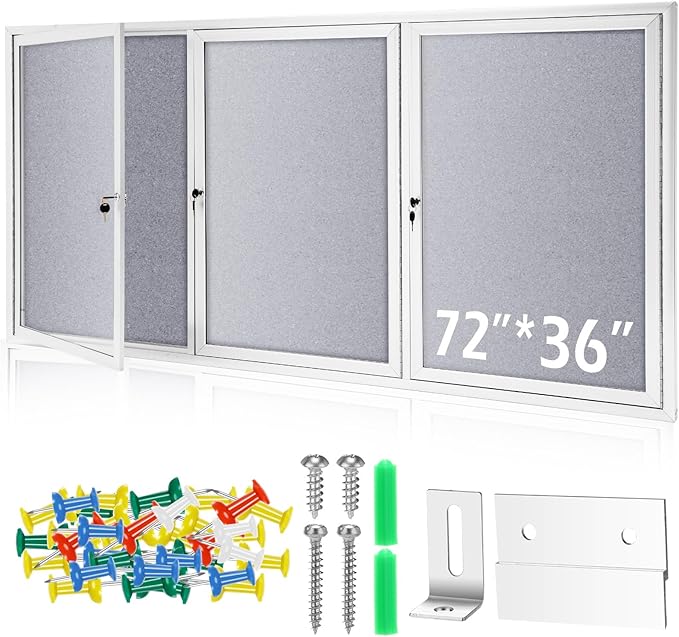 72" x 36" Enclosed Bulletin Board Outdoor 3 Door Weatherproof Tamper-Proof Enclosed Cork Board with Lock Aluminum Frame Display Case for Back to School, Office Commercial, 18xA4(Gray)-DeskLoop Office