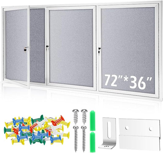 72" x 36" Enclosed Bulletin Board Outdoor 3 Door Weatherproof Tamper-Proof Enclosed Cork Board with Lock Aluminum Frame Display Case for Back to School, Office Commercial, 18xA4(Gray)-DeskLoop Office