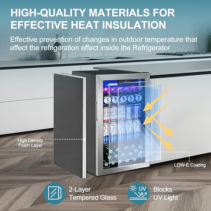 Beverage Refrigerator Cooler, 128 Cans Mini Fridge Glass Door for Drink Beer Soda Wine, 3.2 Cu.Ft Small Fridge for Kitchen Bedroom Office Bar, with 4 Adjustable Removable Shelves, Stainless Steel-DeskLoop Office