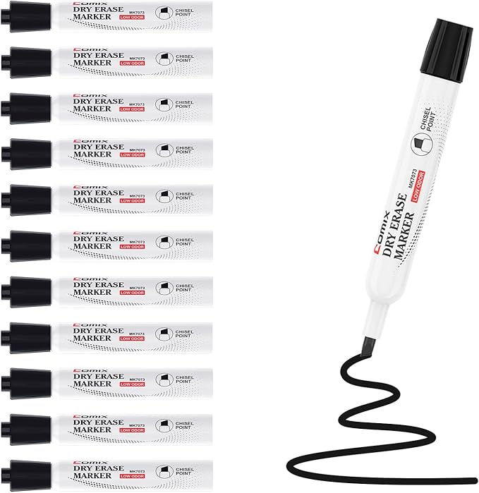 Comix Low Odor Dry Erase Markers, 12 Bulk Black Color Whiteboard Markers, Chisel Tip Thick Markers for Kids Teachers-DeskLoop Office