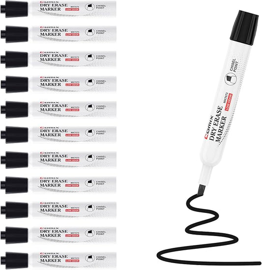 Comix Low Odor Dry Erase Markers, 12 Bulk Black Color Whiteboard Markers, Chisel Tip Thick Markers for Kids Teachers-DeskLoop Office