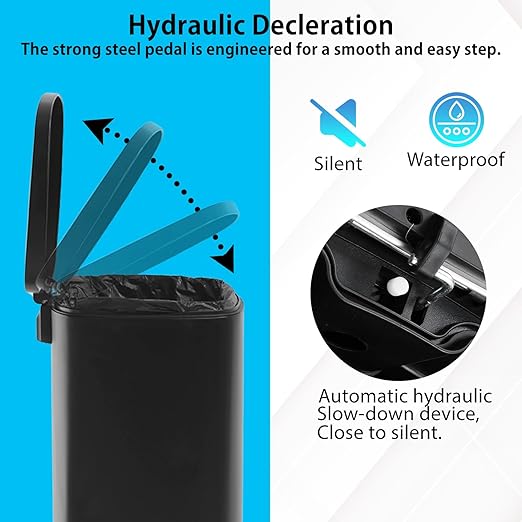PayLessHere Stainless Steel Trash Can with Lid - Removable Inner Bucket, Foot Pedal Soft Close for Office, Home, Kitchen Garbage Bin (Black, 13 G)-DeskLoop Office