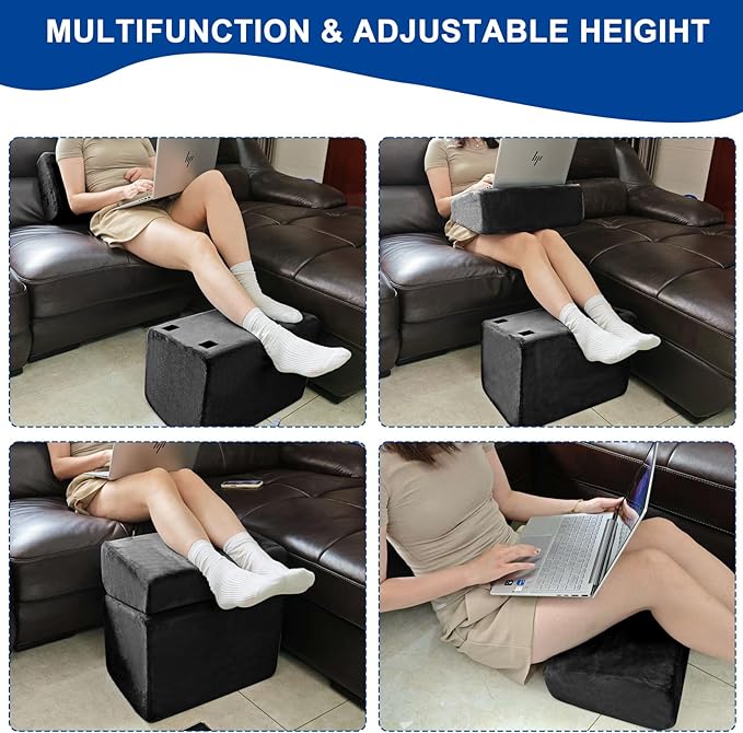 Adjustable Foot Rest for Under Desk at Work - 3 Height Ergonomic Footrest, 17x11 Inch Office Foot Stool, Soft Velvet Cushion, Non-Slip Base for Home & Office - 100% Memory Foam Filling-Black-DeskLoop Office