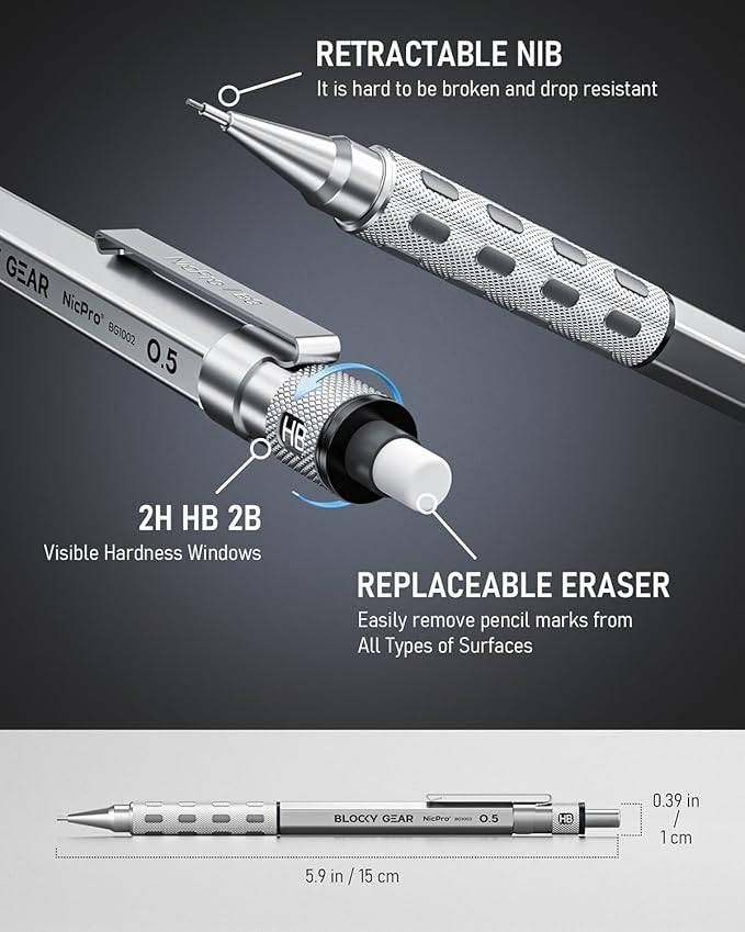 Nicpro Blocky Gear 0.5 mm & 0.7 mm Mechanical Pencils Set in Case, Metal Pencil with 6 Tube Lead Refills, Eraser, Eraser Refills for Professional & Adult Art Writing Drafting Drawing Sketching-DeskLoop Office