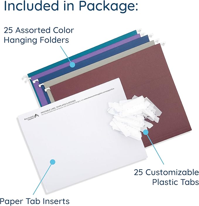 Blue Summit Supplies 25 Jewel Tone Hanging File Folders Letter Size with Tabs, Reinforced Hanging File Folders Jewel Tone, Includes Plastic Tabs and Inserts