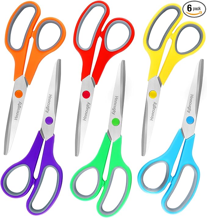 Scissors, Hnncugty 8" Scissors All Purpose Bulk Set of 6-Pack, Sharp Shears for Office Home Craft Sewing Fabric, High/Middle School Supplies Student Teacher Supplies, Comfort Grip Right/Left Handed-DeskLoop Office