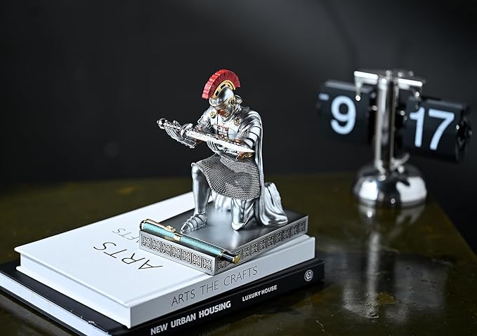 Roman Praetorian Prefect Warrior Knight Pen Holder Desk Ornament Resin Praetorian Guard Mobile Phone Stand Desk Accessories and Organizer For Office with a Letter Opener (Silver)-DeskLoop Office