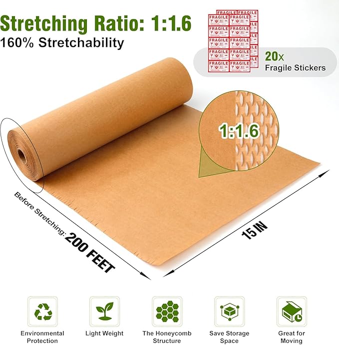 Honeycomb Packing Paper 15" Width X 200 FT for Moving Glass Dishes Recyclable Wrapping Paper Bubble Wrap Packing Material for Shipping Fragile Items Shipping Filler with 20 Fragile Stickers-DeskLoop Office