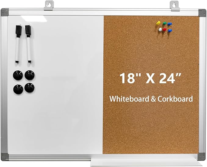 Combination Writeboard 24"x 18" Magnetic Whiteboard & Cork Board Aluminium Frame Dry Erase Board Bulletin Board Wall Mounted Memo Message-DeskLoop Office